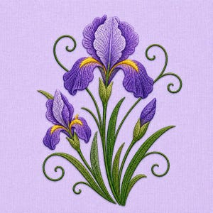 May include: An embroidered design of purple iris flowers with yellow detailing and green stems and leaves. The image shows two open blooms, a bud, and decorative green swirls on a pale purple backdrop. The flowers are finely detailed.