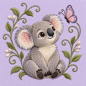 May include: An embroidery design on a light purple fabric featuring a grey koala with pink-tinted ears, sitting centrally. The koala is surrounded by green leafy vines with small white buds and a single purple and pink butterfly in the upper right.