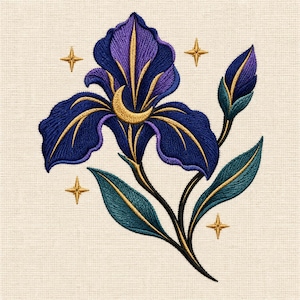 May include: An embroidery design featuring a deep blue and purple iris flower with gold accents, including a crescent moon at the center of the bloom. The design is surrounded by four small, four-pointed gold stars on a light beige fabric background.