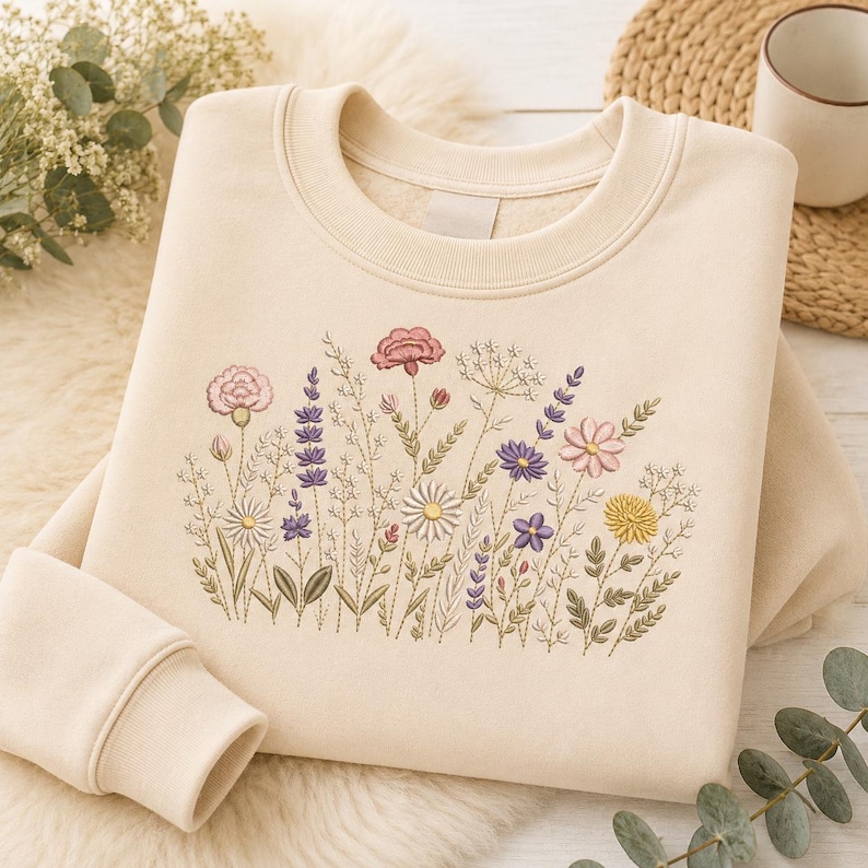 May include: A cream-colored crewneck sweatshirt featuring a detailed embroidered design of various wildflowers in shades of pink, purple, yellow, and white, with green stems and leaves centered on the front of the garment.