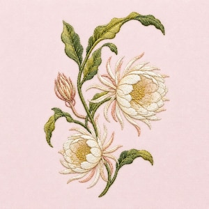 May include: An embroidery design featuring two blooming white flowers with yellow centres and a closed bud, connected by green stems and detailed leaves. The floral arrangement is stitched onto a solid light pink fabric background.