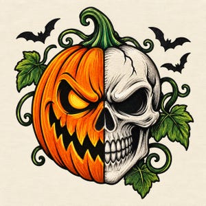 Peut inclure: Une illustration graphique présentant un design divisé avec une citrouille orange sculptée au sourire dentelé et lumineux à gauche, et un crâne humain blanc détaillé à droite, entouré de vignes vertes, de feuilles et de trois chauves-souris.