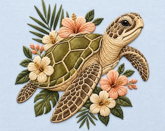 Sea Turtle Embroidery File, Tropical Hibiscus Floral Design (Digital Download)