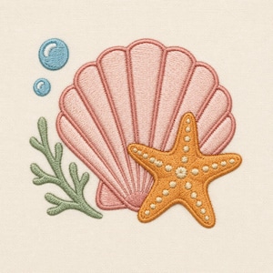 May include: An embroidery design on cream fabric featuring a large, light pink scallop shell, a textured orange starfish positioned in front, a sage green coral branch to the left, and two small, light blue circular bubbles above the shell.