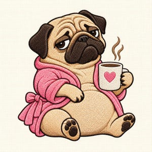 Könnte beinhalten: Ein gestickter Aufnäher zeigt einen beigen Mops mit schwarzer Schnauze und Ohren, der einen rosa Bademantel trägt. Der Mops schaut müde und hält eine weiße Tasse mit einem rosa Herz, aus der zwei braune, geschwungene Dampfstreifen aufsteigen.