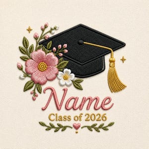 May include: Embroidered graduation design featuring a black mortarboard with a gold tassel, pink and white flowers, and the text "Name" and "Class of 2026" in a script font. The design includes gold accents and a heart.