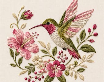 May include: An embroidery design featuring a hummingbird with green and pink plumage hovering near a cluster of pink hibiscus flowers, small white blossoms, green leaves, and tiny dark pink berries on a light cream-colored fabric background.