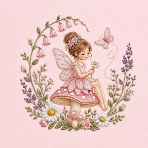 May include: A whimsical illustration of a fairy sitting on a mushroom, surrounded by flowers and a butterfly. The fairy is wearing a pink dress and has delicate wings. The artwork is set against a soft pink background, creating a dreamy, fairytale aesthetic.