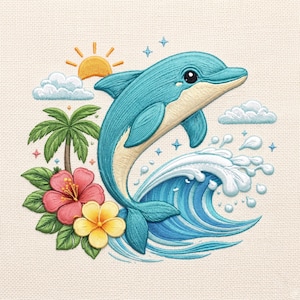 May include: Embroidered design featuring a turquoise dolphin leaping over a blue and white wave. A yellow sun, clouds, palm tree, and flowers in pink and yellow complete the tropical scene. The design is on a cream-colored fabric.