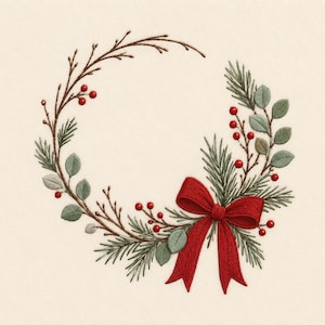 May include: An embroidery design of a circular wreath featuring brown twigs, green pine needles, sage green leaves, and small red berries. A prominent red bow is tied at the bottom right side of the wreath, with two long, hanging ribbon tails.