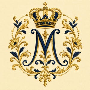 Op de afbeelding: Een geborduurd ontwerp met een grote, donkerblauwe letter M in het midden van een cirkelvormig kader van gouden en blauwe florale krullen. Een gedetailleerde goudkleurige en blauwe kroon rust op de letter, omringd door symmetrische bladpatronen.