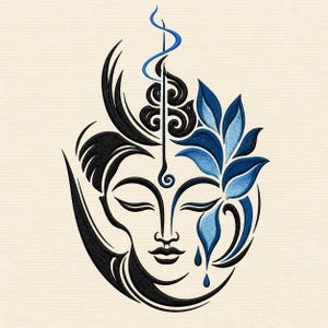 May include: An embroidery design featuring a stylised face with closed eyes, rendered in black thread. A blue floral element with layered petals and a single teardrop shape adorns the side, while a blue vertical line extends from the forehead.