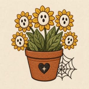 Diseño de bordado de maceta con girasol fantasma, planta espeluznante de Halloween, archivo de bordado a máquina (descarga digital)