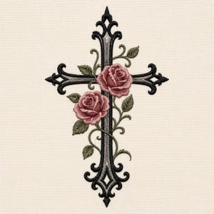 May include: An embroidery design featuring a black and grey ornate cross intertwined with two dusty pink roses and green leaves. The cross has decorative flourishes at the ends and a central vertical grey panel, all set against a plain cream fabric background.