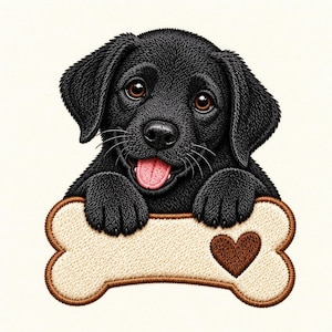 Puede incluir: Un parche bordado que muestra un cachorro negro con ojos marrones y lengua rosa, apoyando sus patas delanteras sobre una forma de hueso color crema. El hueso tiene un icono de corazón marrón a la derecha y un borde cosido en color marrón.