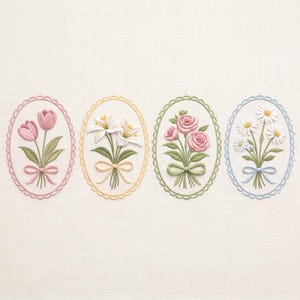 May include: Four oval-shaped floral designs. Each features a bouquet of flowers, including tulips, lilies, roses, and daisies, tied with a ribbon. The designs are framed with scalloped edges in pink, yellow, green, and blue, respectively. The background is a light beige fabric.