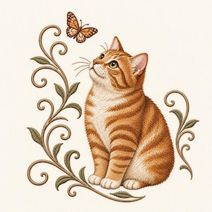 May include: An embroidered design featuring an orange tabby cat sitting and looking up at a small orange and black butterfly. The cat is surrounded by brown swirling vine patterns with green leaves on a light cream-coloured fabric background.