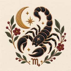 Scorpion Zodiac Machine Embroidery File, Astrology Gothic Design with Moon & Flowers, Digital Download