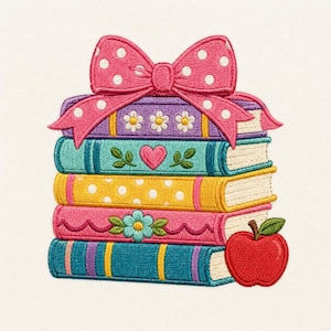 May include: An embroidered stack of four books topped with a large pink bow featuring white polka dots. The books are purple with white flowers, teal with a pink heart, yellow with white dots, and pink with a blue flower. A red apple sits beside.