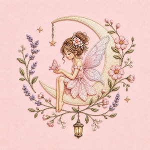 May include: A detailed embroidery of a fairy sitting on a crescent moon, surrounded by flowers and foliage. The fairy wears a pink dress and has matching wings. A butterfly rests in her hands. The background is a soft pink.