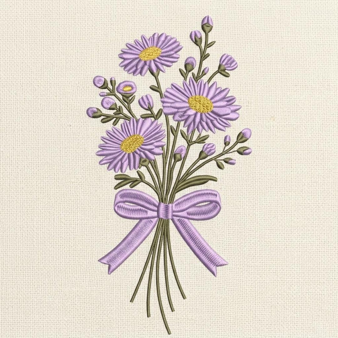 Purple Daisy Bouquet Embroidery Design, Floral Bow Machine Embroidery ...