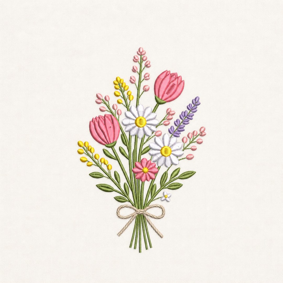 Floral Bouquet Embroidery Design, Tulip Daisy Wildflower Arrangement ...