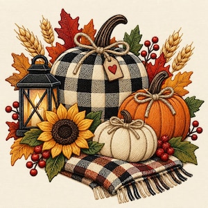 Puede incluir: Un arreglo decorativo de otoño con una calabaza de cuadros negros y blancos con una etiqueta de corazón, una calabaza naranja y una pequeña calabaza blanca. Incluye una linterna negra, un girasol, espigas de trigo, bayas rojas y una manta.