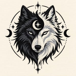 Celestial Wolf Embroidery File, Black and White Design (Digital Download)