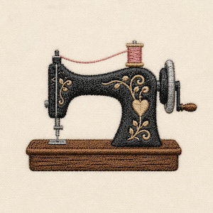 Könnte beinhalten: Ein Stickmotiv einer schwarzen Vintage-Nähmaschine mit goldenen floralen Ornamenten und einem Herzmotiv. Die Maschine hat eine rosa Garnrolle oben, ein silbernes Handrad und steht auf einem strukturierten braunen Sockel auf cremefarbenem Stoff.