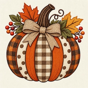 Puede incluir: Una ilustración de calabaza decorativa con segmentos alternos en naranja, cuadros marrones y blanco con lunares marrones. Un lazo de arpillera beige se sitúa en la parte superior, acentuado por hojas de arce naranjas y amarillas, follaje verde y pequeñas bayas rojas.