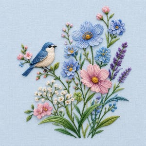 May include: An embroidery piece on light blue fabric featuring a small blue and cream bird perched on a stem. The bird is surrounded by a vibrant floral arrangement including light blue, pink, and purple flowers, green leaves, and white buds.
