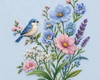 Bluebird Floral Embroidery Design, Wildflower Bird Embroidery File, Cottagecore Garden Digital Download