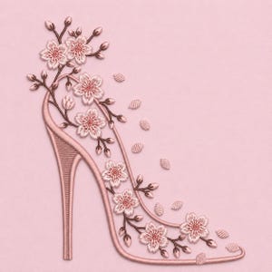 Cherry Blossom High Heel Embroidery Design, Floral Stiletto Shoe Pattern (Digital File)