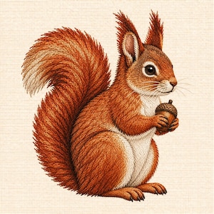 May include: An embroidered illustration of a red squirrel with a large, bushy tail, pointed ears, and white fur on its chest and belly. The squirrel is shown in profile, holding a small brown acorn between its front paws, rendered in fine detail.