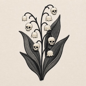 May include: An embroidery design featuring a lily of the valley plant with dark grey leaves and stems. The bell-shaped flowers are replaced by small, off-white human skulls with black eye sockets and nasal cavities, arranged along the curved stems.