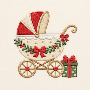 May include: An embroidery design of a vintage-style baby carriage in cream and red, featuring a scalloped hood, a garland of green holly leaves with red berries, and a large red bow. A green gift box with white polka dots and a red bow sits beside it.