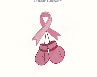 Desenho de luvas de boxe com laço rosa para bordar, em apoio à conscientização sobre o câncer de mama (Download instantâneo)