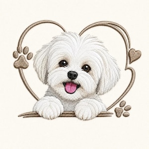Può includere: Un disegno da ricamo che raffigura un cane bianco dal pelo soffice, con occhi scuri e lingua rosa, incorniciato da un contorno a forma di cuore ricamato in marrone. Il disegno include piccole impronte di zampe marroni sui lati sinistro e destro.