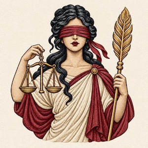 May include: A figure with dark wavy hair wears a red blindfold over their eyes. They are dressed in a white and red draped garment with a gold brooch. One hand holds a gold balance scale, while the other hand holds a tall gold feather staff.