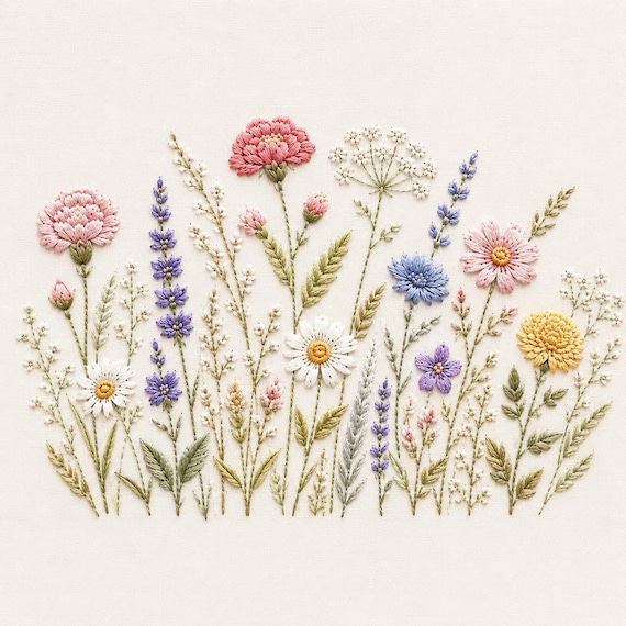 Wildflower Meadow Machine Embroidery Design, Cottagecore Floral Border Embroidery File, Botanical Garden Download