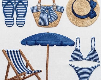 Beach Embroidery Design Bundle, Summer Vacation Flip Flops Hat Bikini (Digital Download)