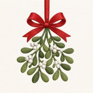 May include: An embroidered design of a mistletoe sprig featuring green leaves and clusters of white berries, tied with a vibrant red ribbon bow at the top. The embroidery shows detailed stitching texture throughout the leaves and the bow.