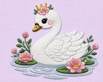 白鳥の王女の刺繍デザイン、花柄のミシン刺繍ファイル（デジタルダウンロード）