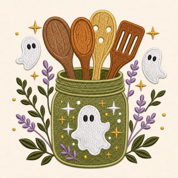 Ghost Kitchen Utensils Embroidery Design, Rustic Mason Jar Decor (Digital Download)