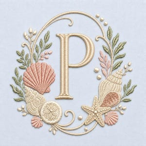 Puede incluir: Un diseño de bordado que presenta la letra P en una fuente serif dorada, centrada dentro de una corona ovalada de conchas, estrellas de mar y ramitas de hojas verdes bordadas en tonos dorados, rosa suave y verde apagado sobre un fondo azul claro.