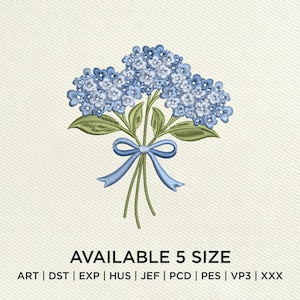 Hydrangea Embroidery Design, Blue Floral Bouquet with Bow (Digital Download)