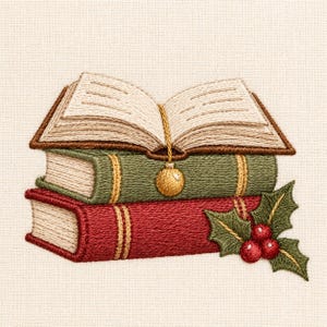 May include: An embroidered design featuring an open book resting on top of two closed books, one green and one red. A gold bookmark with a round charm hangs from the open book. A sprig of green holly leaves with three red berries sits nearby.