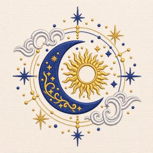 Celestial Sun Moon Embroidery Design, Boho Astrology Cosmic Star Decor (Digital Download)