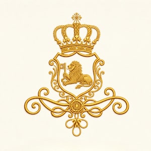 May include: Gold embroidered crest featuring a lion holding a key, set within a shield and topped with a crown. The design includes ornate scrollwork and a decorative base, all in a metallic gold color against a white background.