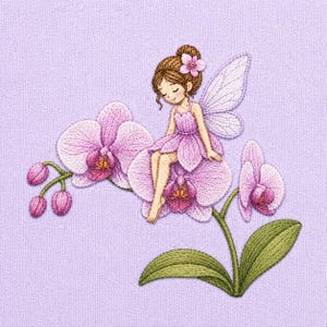 May include: Embroidered artwork of a fairy with brown hair and a pink flower, sitting on a pink orchid. The fairy wears a pink dress and has white wings. The orchid has green leaves, set against a lavender background.